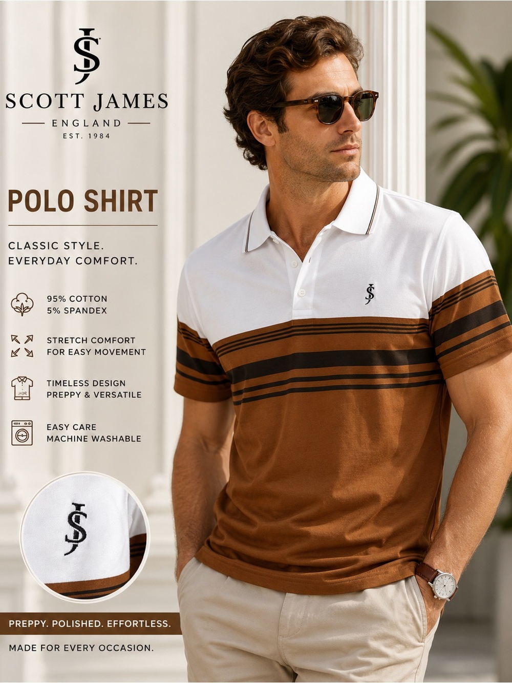 Scott James England Polo Shirt Men’s Large Brown White Striped Stretch Cotton